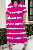 Casual Striped Print V Neck Short Sleeve Pockets Baggy Plus Size T-shirt Midi Dresses