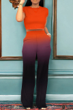 Casual Ombre Print O Neck Short Sleeve Pocket Crop T-shirt  And Straight Leg Pants Two Pieces Tourser Sets