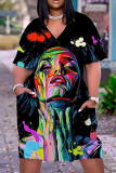 Casual Graphics Print V Neck Short Sleeve Baggy T-shirt Midi Dresses