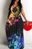Sexy Graphics Print Backless Spaghetti Strap Long Floor Length Vacation Baggy Slip Maxi Dresses