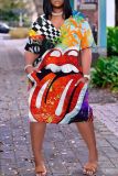 Casual Lips Print Basic V Neck Short Sleeve Baggy T-shirt Midi Dresses