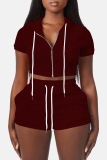 Casual Sportswear Zipper Short Sleeve Hooded Crop Tops And Shorts Two Pieces Shorts Sets