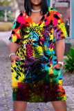 Casual Leopard Print V Neck Short Sleeve Baggy T-shirt Midi Dresses