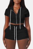 Casual Sportswear Zipper Short Sleeve Hooded Crop Tops And Shorts Two Pieces Shorts Sets