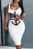 Casual American Flag Star Print U Neck Vest Bodycon Midi Tank Dresses