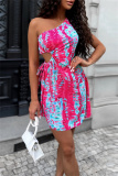 Casual Tie Dye Print Backless Oblique Collar Sleeveless One Shoulder Hollow Out Vacation Mini Dresses
