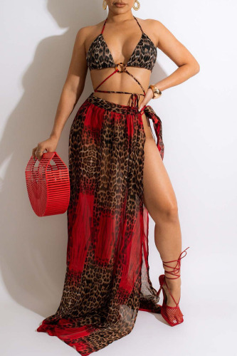 Sexy Leopard Print Bandage Bikini Sets Cover Up Skirt Beach Vacation Swimwears