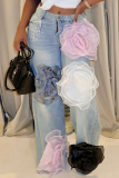 Casual Lace Flowers Shape Decor Mid Waist Straight Wide Leg Denim Jeans
