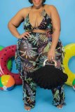 Sexy Tropical Print Lace Up See-Through Backless Bikini Sets Cover Up Ruffle Trim Pants Swimsuit Beach Vacation Three Piece Set