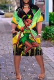 Casual Graphics Print V Neck Short Sleeve Baggy T-shirt Midi Dresses
