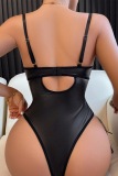 Sexy Backless Hollow Out Lace Up Lace Trim Leather One Pieces Lingerie