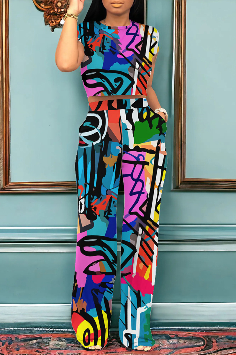 Casual Graffiti Print Tassel Contrast V Neck Long Sleeve Two Pieces