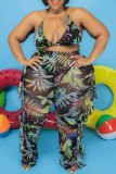 Sexy Tropical Print Lace Up See-Through Backless Bikini Sets Cover Up Ruffle Trim Pants Swimsuit Beach Vacation Three Piece Set