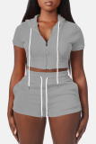 Casual Sportswear Zipper Short Sleeve Hooded Crop Tops And Shorts Two Pieces Shorts Sets