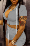 Casual Sportswear Zipper Short Sleeve Hooded Crop Tops And Shorts Two Pieces Shorts Sets