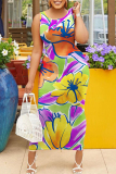 Casual Floral Print Basic O Neck Sleeveless Long Bodycon Maxi Tank Dresses