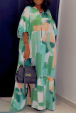 Casual Graphics Print Tie Neck Hubble-Bubble Sleeve Lace Up Ruffle Hem Baggy Floor Length Vacation Maxi Dresses