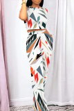 Casual Geometric Print O Neck Short Sleeve Pocket Crop T-shirt  And Straight Leg Pants Two Pieces Tourser Sets