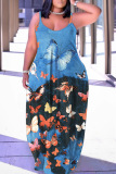 Sexy Graphics Print Backless Spaghetti Strap Long Vacation Baggy Slip Maxi Dresses