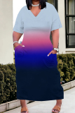 Casual Ombre Print V Neck Short Sleeves Pocket Plus Size Baggy Straight T Shirt Midi Dress
