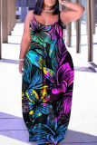 Sexy Graphics Print Backless Spaghetti Strap Long Vacation Baggy Slip Maxi Dresses