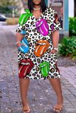 Casual Lips Print Basic V Neck Short Sleeve Baggy T-shirt Midi Dresses