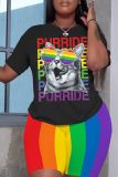 Casual Rainbow Color Print Basic O Neck Short Sleeve Oversize T-shirt And Shorts Two Pieces Shorts Sets