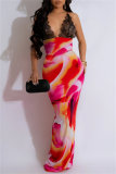 Sleeveless Floor Length Sexy Print Lace V Neck Mermaid Hem Backless Patchwork Spaghetti Strap Long Cami Bodycon Maxi Dresses