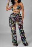 Sexy Tropical Print Lace Up See-Through Backless Bikini Sets Cover Up Ruffle Trim Pants Swimsuit Beach Vacation Three Piece Set