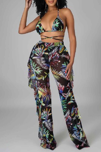 Sexy Tropical Print Lace Up See-Through Backless Bikini Sets Cover Up Ruffle Trim Pants Swimsuit Beach Vacation Three Piece Set