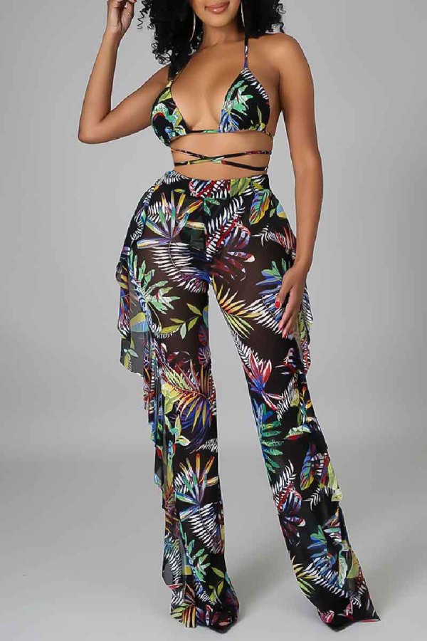 Sexy Tropical Print Lace Up See-Through Backless Bikini Sets Cover Up Ruffle Trim Pants Swimsuit Beach Vacation Three Piece Set