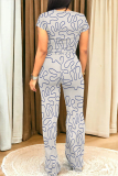 Casual Geometric Print O Neck Short Sleeve Pocket Crop T-shirt  And Straight Leg Pants Two Pieces Tourser Sets