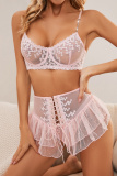Sexy Lace Up See-Through Backless Lace Mesh Ruffle Hem Bikini Sets Lingerie