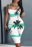 Casual Tropical Plants Print Basic Vest Bodycon Midi Tank Dresses