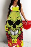 Sexy Graphics Print Backless Spaghetti Strap Long Floor Length Vacation Baggy Slip Maxi Dresses