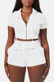 Casual Sportswear Zipper Short Sleeve Hooded Crop Tops And Shorts Two Pieces Shorts Sets