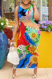 Casual Floral Print Basic O Neck Sleeveless Long Bodycon Maxi Tank Dresses