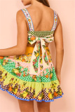 Casual Fruit Print Backless Spaghetti Strap Sleeveless Bow Tie Tiered Ruffle Hem Hollow Out Lace Up Vacation Party Cami Mini Dresses
