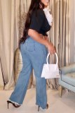 Casual Mid Waist Straight Raw Hem Wide Leg Denim Jeans