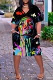 Casual Graphics Print V Neck Short Sleeve Baggy T-shirt Midi Dresses