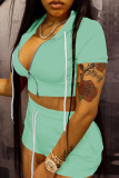 Casual Sportswear Zipper Short Sleeve Hooded Crop Tops And Shorts Two Pieces Shorts Sets