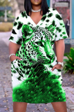 Casual Animal Print V Neck Short Sleeve Baggy T-shirt Midi Dresses