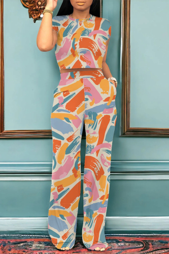 Casual Graffiti Print Pocket O Neck Short Sleeve Crop T-shirt  And Straight Leg Pants Two Pieces Tourser Sets
