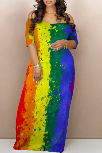 Casual Ombre Rainbow Color Print Short Sleeves Off Shoulder Floor Length Baggy Vacation Maxi Sundress
