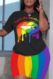 Casual Rainbow Color Print Basic O Neck Short Sleeve Oversize T-shirt And Shorts Two Pieces Shorts Sets