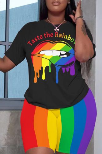 Casual Rainbow Color Print Basic O Neck Short Sleeve Oversize T-shirt And Shorts Two Pieces Shorts Sets