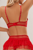 Sexy Lace Up See-Through Backless Lace Mesh Ruffle Hem Bikini Sets Lingerie