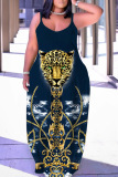Sexy Graphics Print Backless Spaghetti Strap Long Vacation Baggy Slip Maxi Dresses