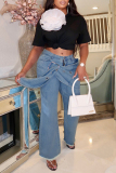 Casual Mid Waist Straight Raw Hem Wide Leg Denim Jeans