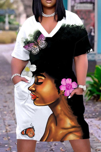 Casual Graphics Print V Neck Short Sleeve Baggy T-shirt Midi Dresses